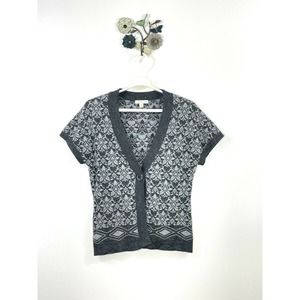 Coldwater Creek One Button Short Sleeve Cardigan Sweater Pockets Damask Size S